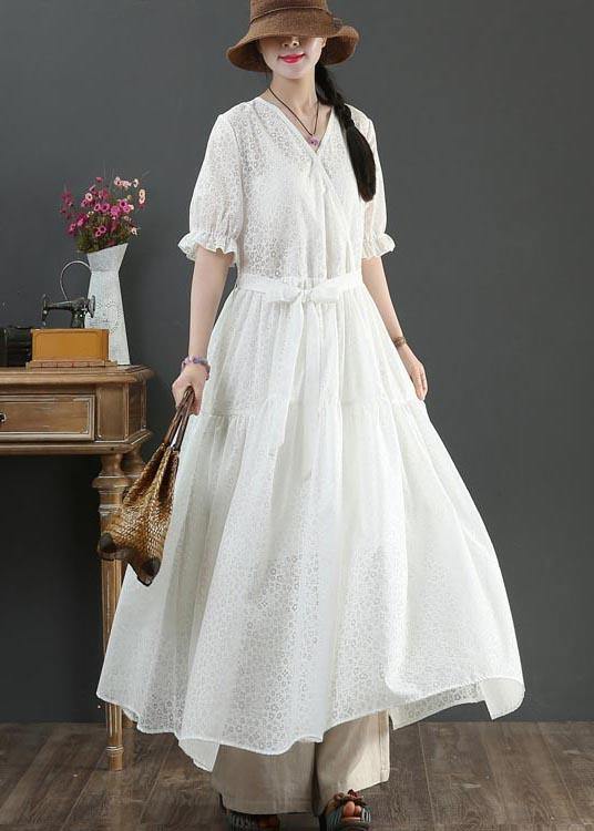 White V Neck Button Maxi Summer Cotton Dress