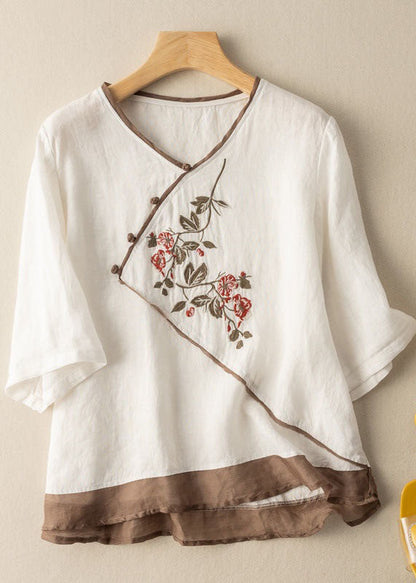 White V Neck Patchwork Linen Blouses Half Sleeve
