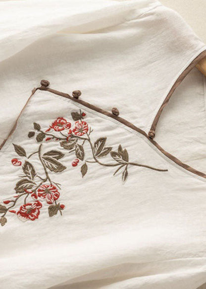 White V Neck Patchwork Linen Blouses Half Sleeve