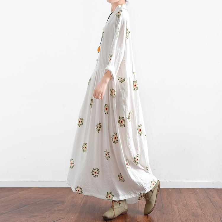 White Embroidered Chiffon Dresses Long Caftans Oversized Gown