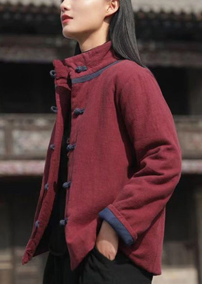 Wine Red Stand Collar Button Cotton Filled Parkaer Winter