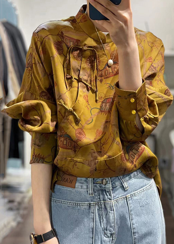 Yellow Button Print Silk Shirt Fall