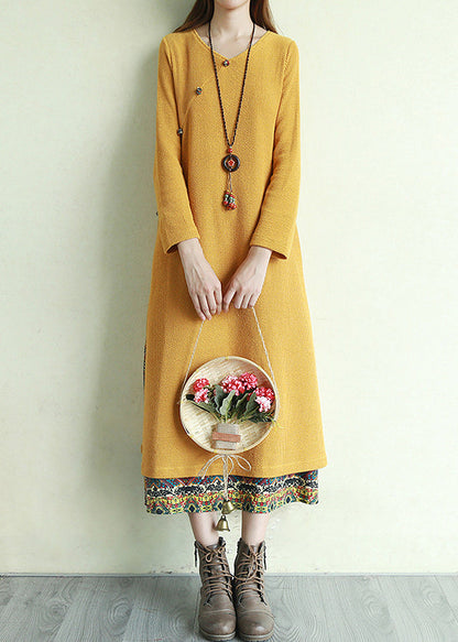 Yellow Button V Neck Patchwork Long Dresses Long Sleeve