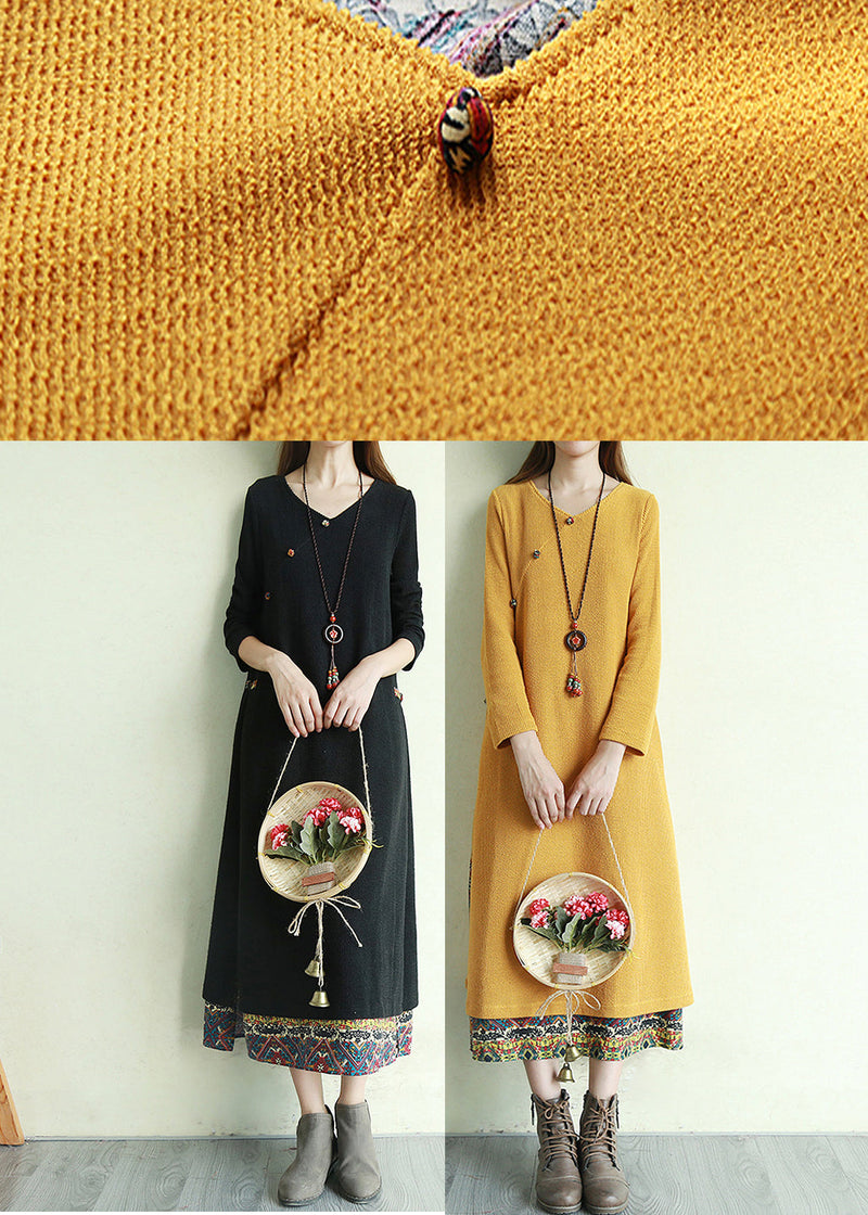 Yellow Button V Neck Patchwork Long Dresses Long Sleeve