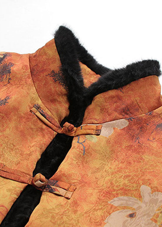 Yellow Chinese Button Patchwork Silk Print Warm Fleece Coats Spring