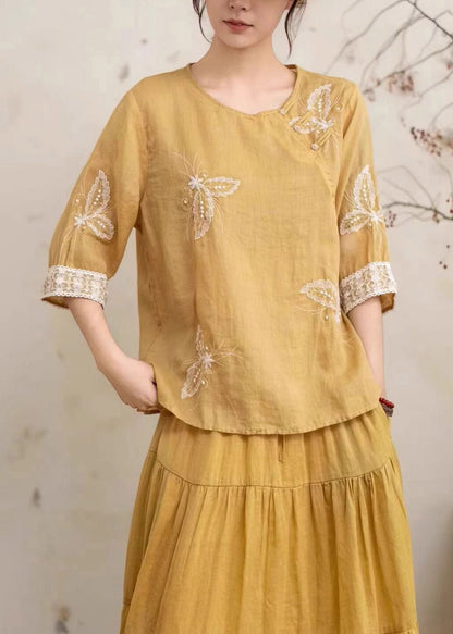 Yellow Embroidered Nail Bead Linen Shirt Summer