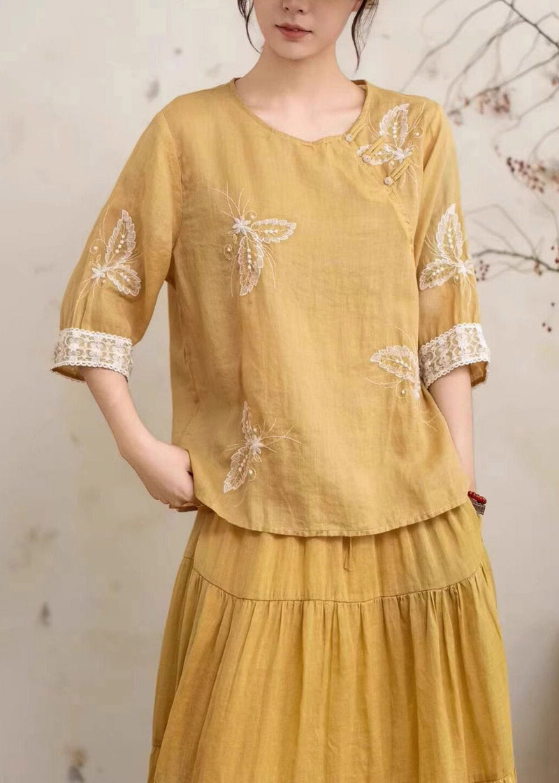 Yellow Embroidered Nail Bead Linen Shirt Summer