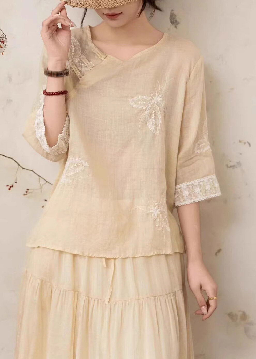 Yellow Embroidered Nail Bead Linen Shirt Summer