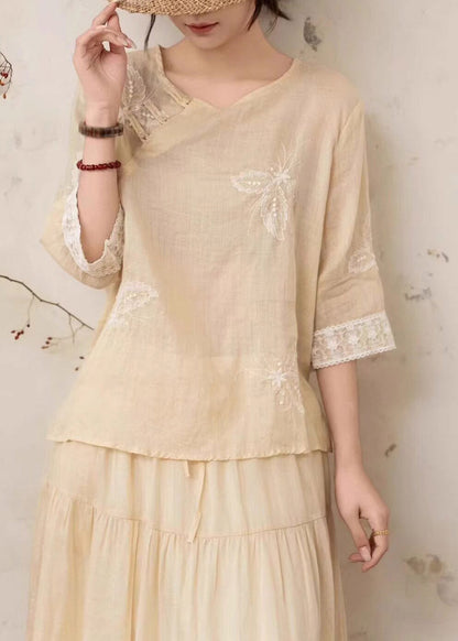 Yellow Embroidered Nail Bead Linen Shirt Summer