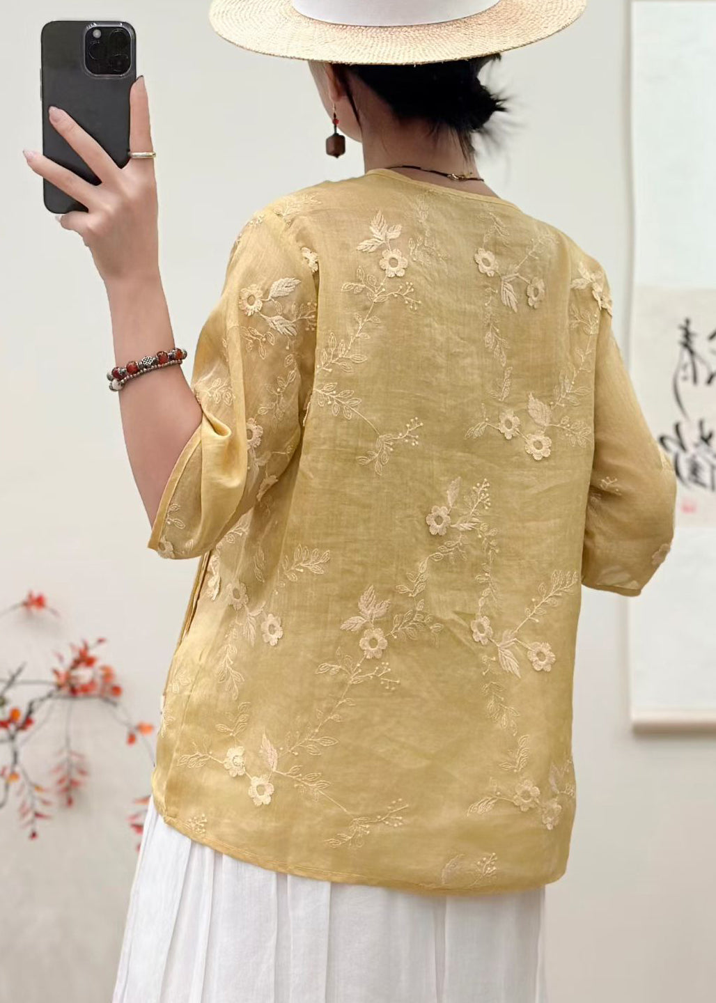 Yellow Embroidered Tasseled Linen Shirts Summer