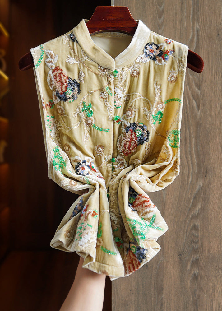 Yellow Embroidered Button Patchwork Silk Velour Waistcoat Sleeveless