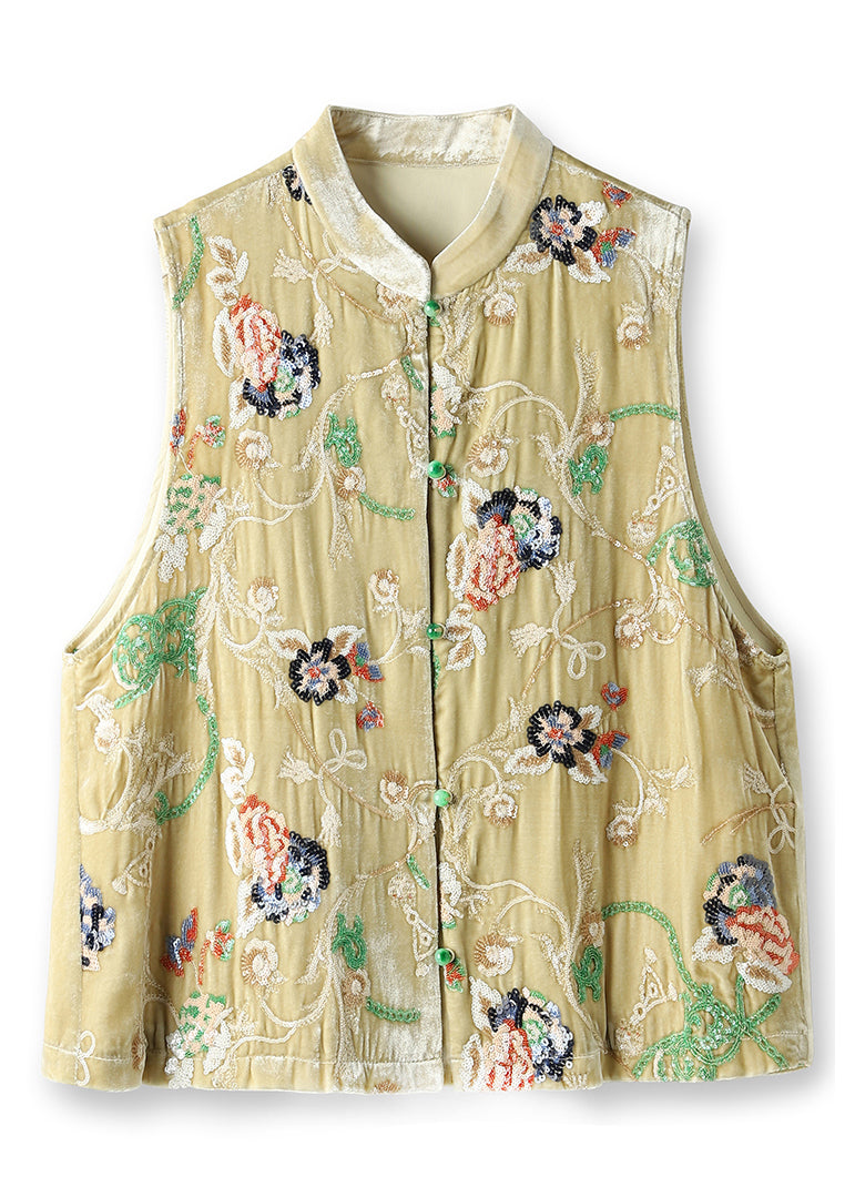 Yellow Embroidered Button Patchwork Silk Velour Waistcoat Sleeveless