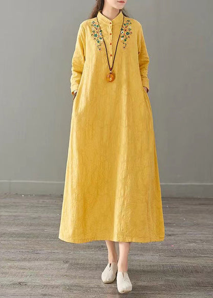 Yellow Embroideried Patchwork Cotton Long Dresses Fall