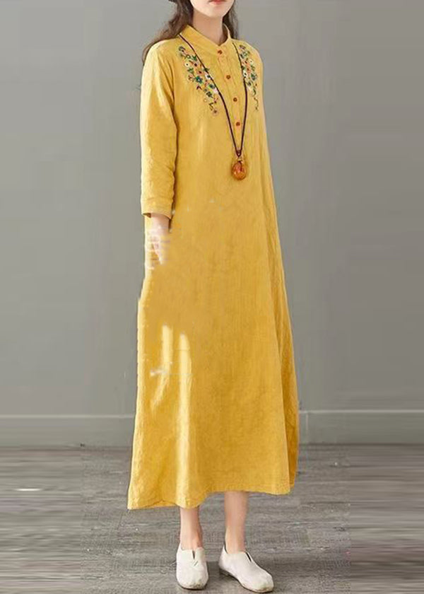 Yellow Embroideried Patchwork Cotton Long Dresses Fall