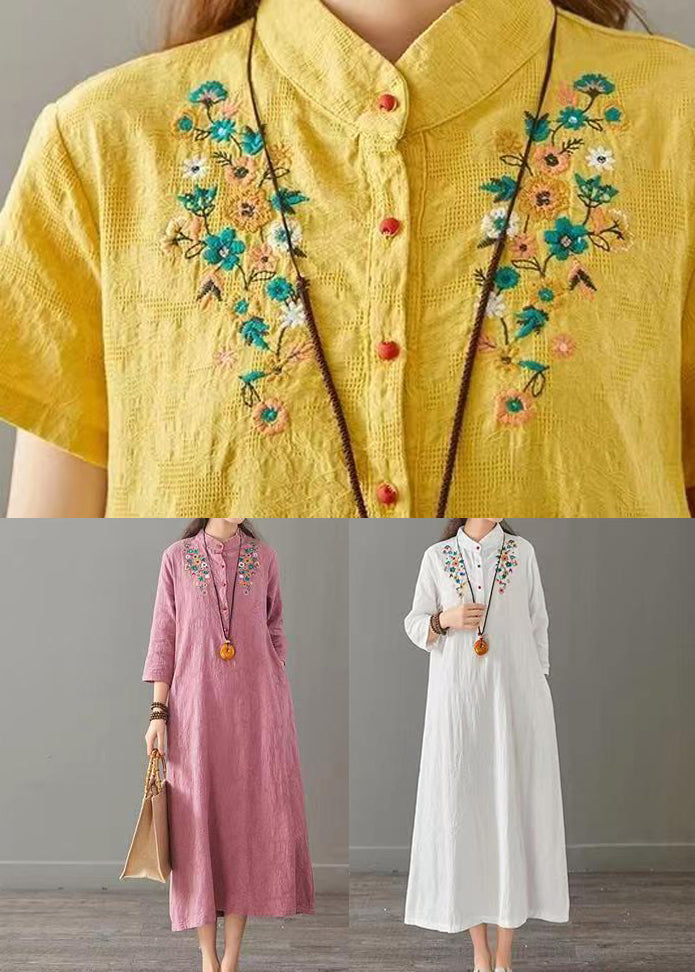 Yellow Embroideried Patchwork Cotton Long Dresses Fall