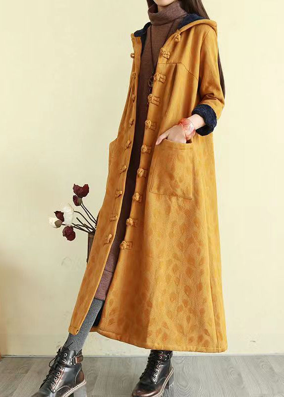 Yellow Hooded Pockets Button Patchwork Warm Fleece Trench Winter