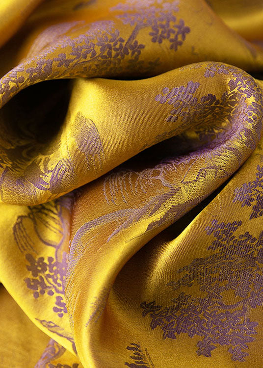 Yellow Printing Side Open Draping Silk Shirt Tops Short Sleeve