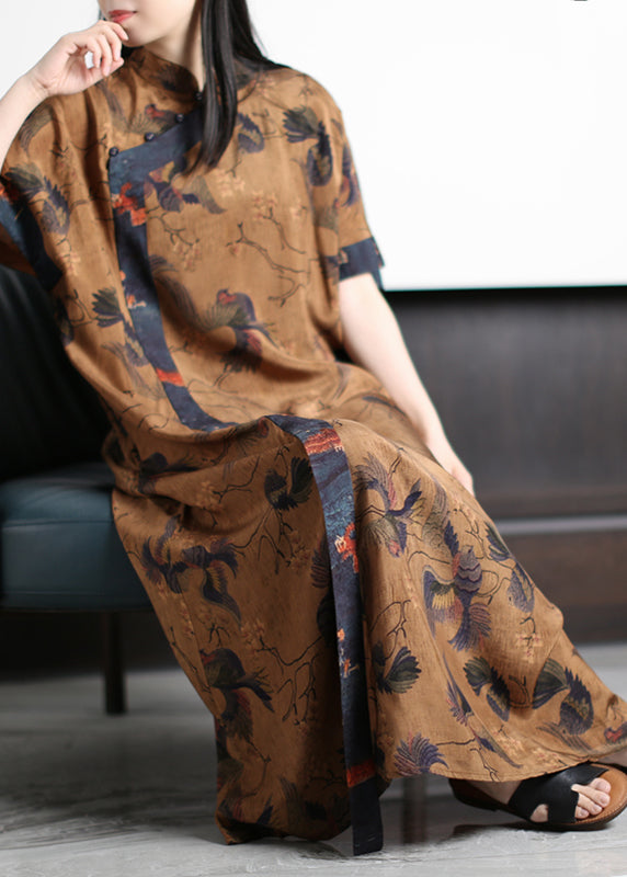 Yellow Mandarin Collar Print Silk Cheongsam Dress Short Sleeve