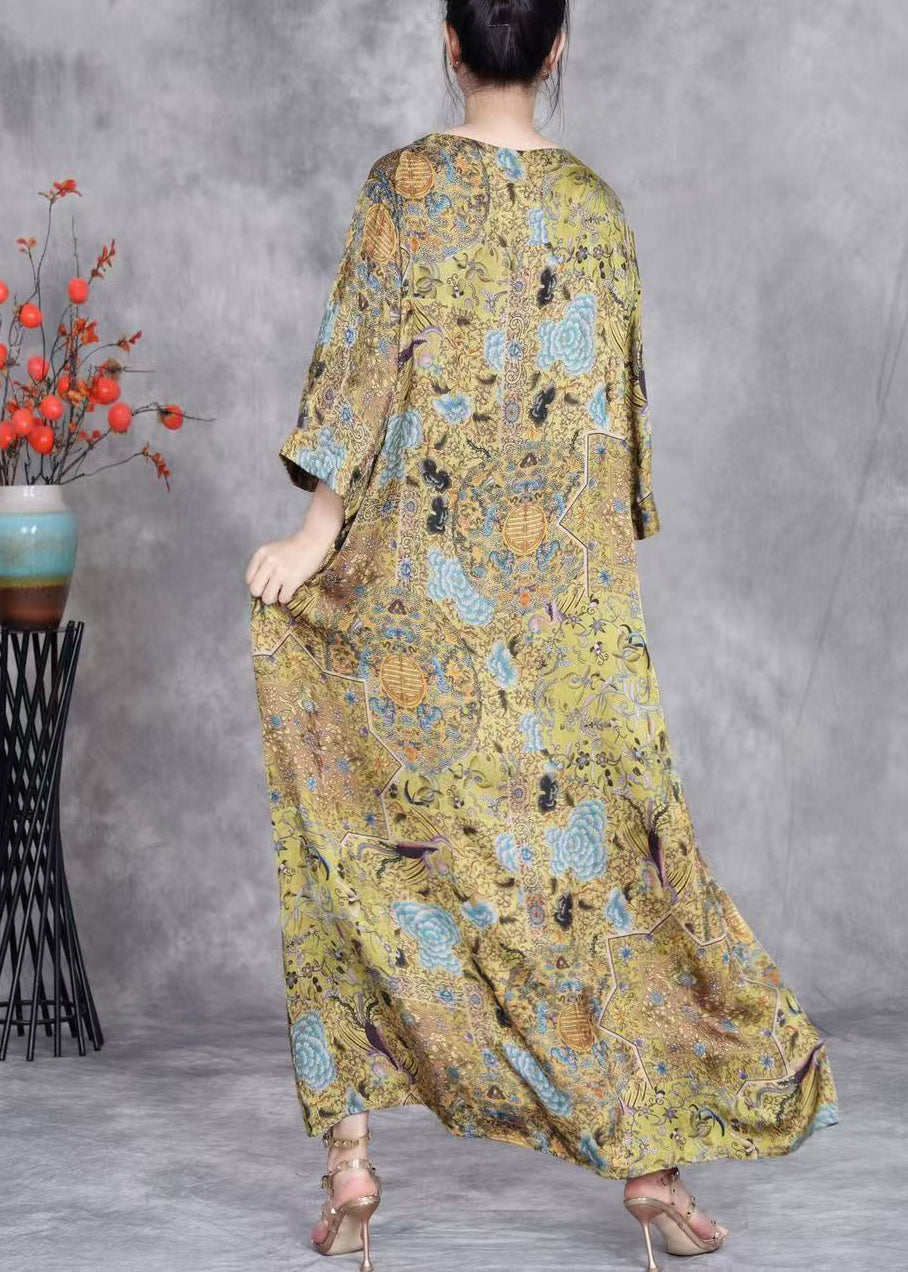 Yellow O Neck Button Print Silk Long Dresses Bracelet Sleeve