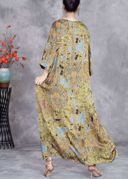 Yellow O Neck Button Print Silk Long Dresses Bracelet Sleeve