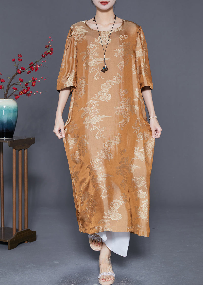 Yellow O-neck Jacquard Silk Long Dresses Summer