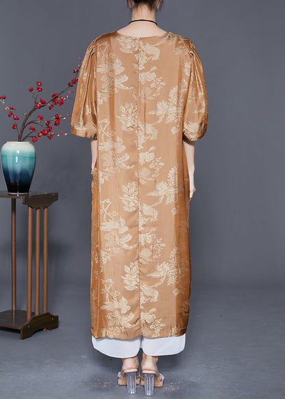 Yellow O-neck Jacquard Silk Long Dresses Summer
