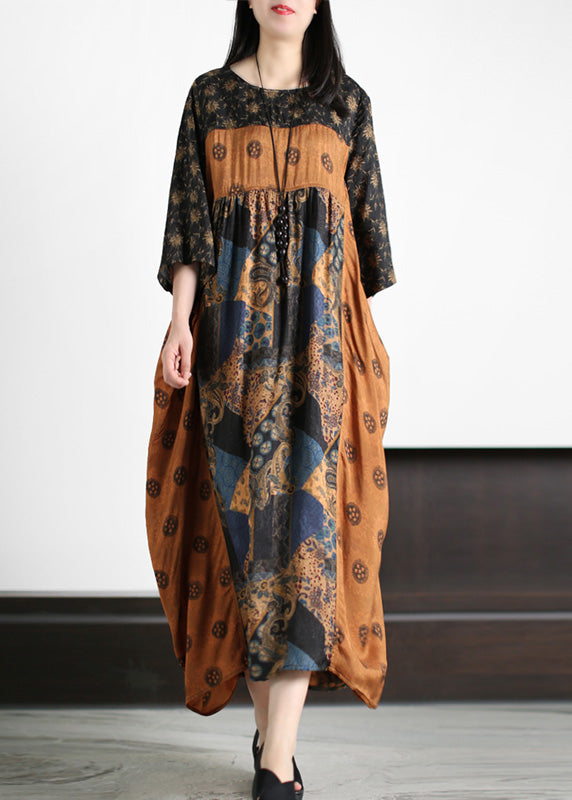 Yellow O-neck Patchwork Print Silk Holiday Maxi Dresses Short Sleeve