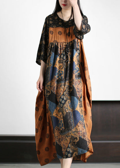 Yellow O-neck Patchwork Print Silk Holiday Maxi Dresses Short Sleeve