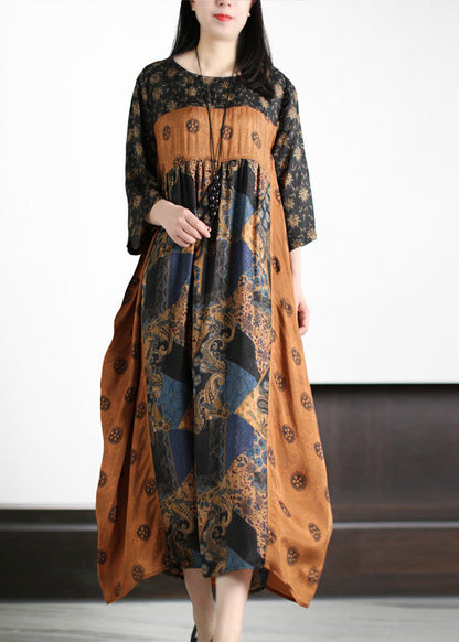 Yellow O-neck Patchwork Print Silk Holiday Maxi Dresses Short Sleeve
