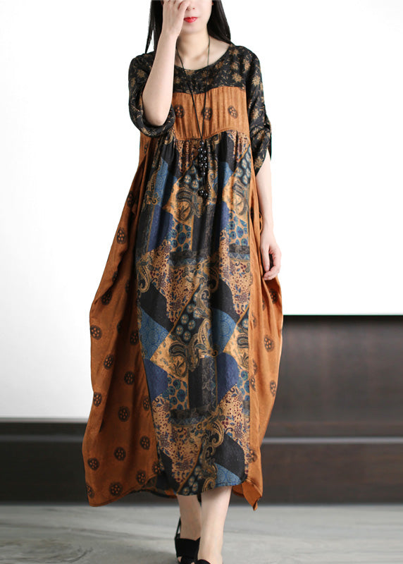 Yellow O-neck Patchwork Print Silk Holiday Maxi Dresses Short Sleeve