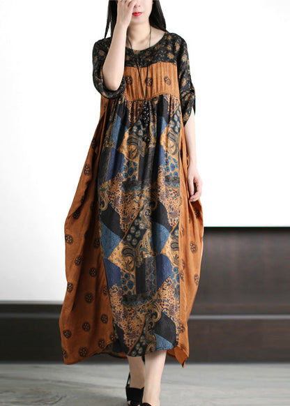 Yellow O-neck Patchwork Print Silk Holiday Maxi Dresses Short Sleeve