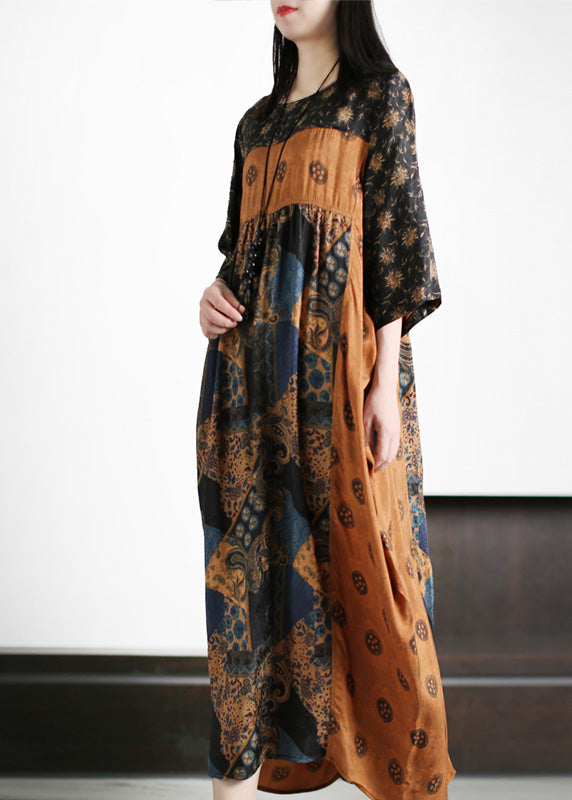 Yellow O-neck Patchwork Print Silk Holiday Maxi Dresses Short Sleeve