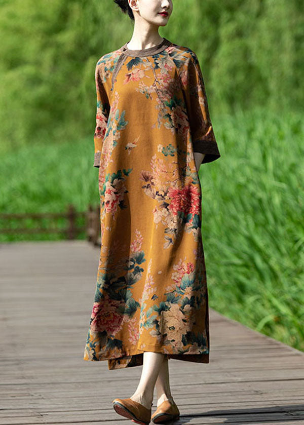 Yellow O-neck Patchwork Print Silk Long Dress Caftan Bracelet Sleeve