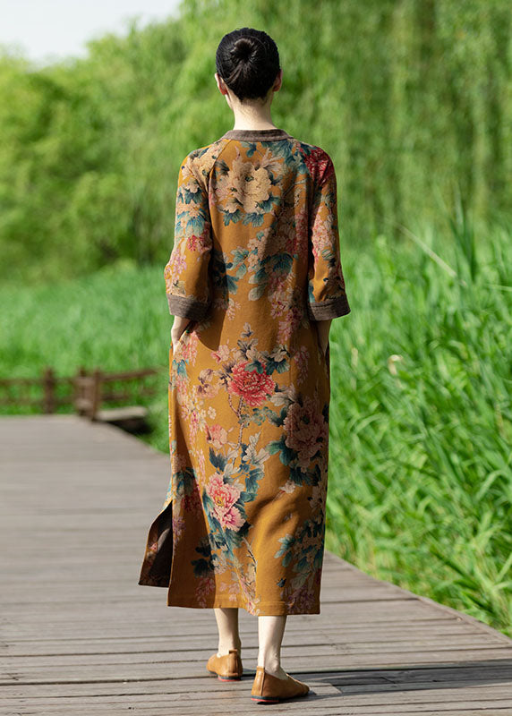 Yellow O-neck Patchwork Print Silk Long Dress Caftan Bracelet Sleeve