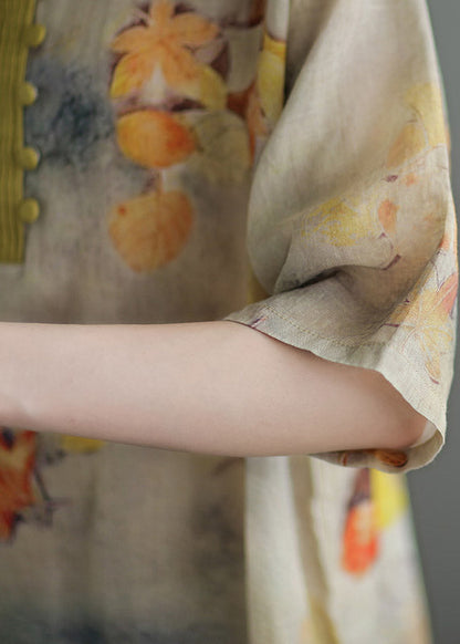 Yellow O-neck Print Button Side Open Linen Tops Half Sleeve