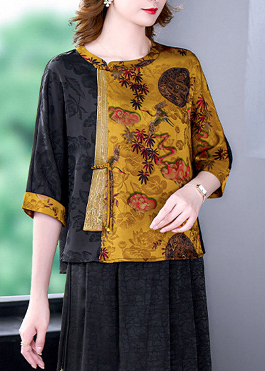 Yellow O-neck Print Button Tops Bracelet Sleeve