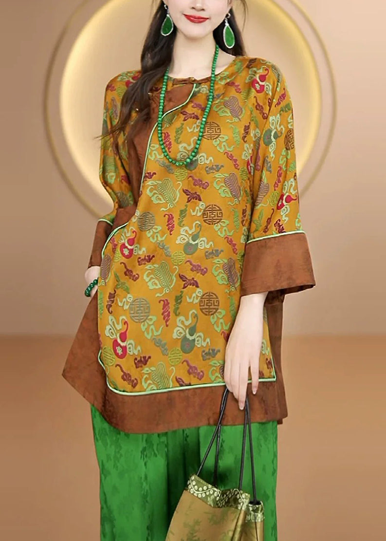 Yellow O Neck Print Oriental Button Silk Shirts Fall