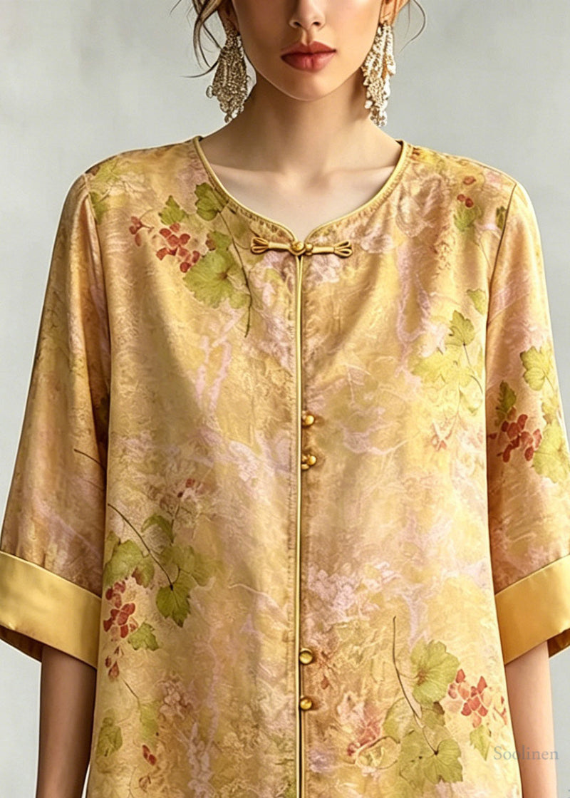 Yellow O-neck Print Shirt Three Quarter Sleeve