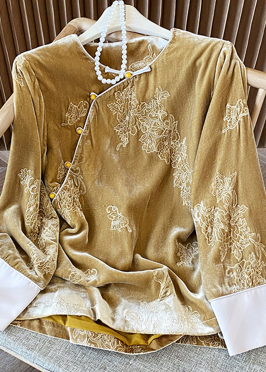 Vintage Yellow Oriental Button Jacquard Velour Shirt Top Spring