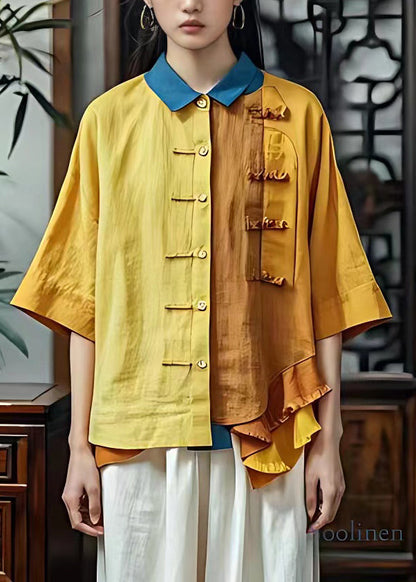 Yellow Peter Pan Collar Ruffled Patchwork Tops Half Sleeve