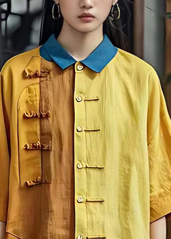 Yellow Peter Pan Collar Ruffled Patchwork Tops Half Sleeve