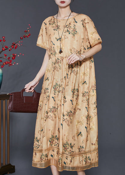 Yellow Print Exra Large Hem Silk Dresses Summer