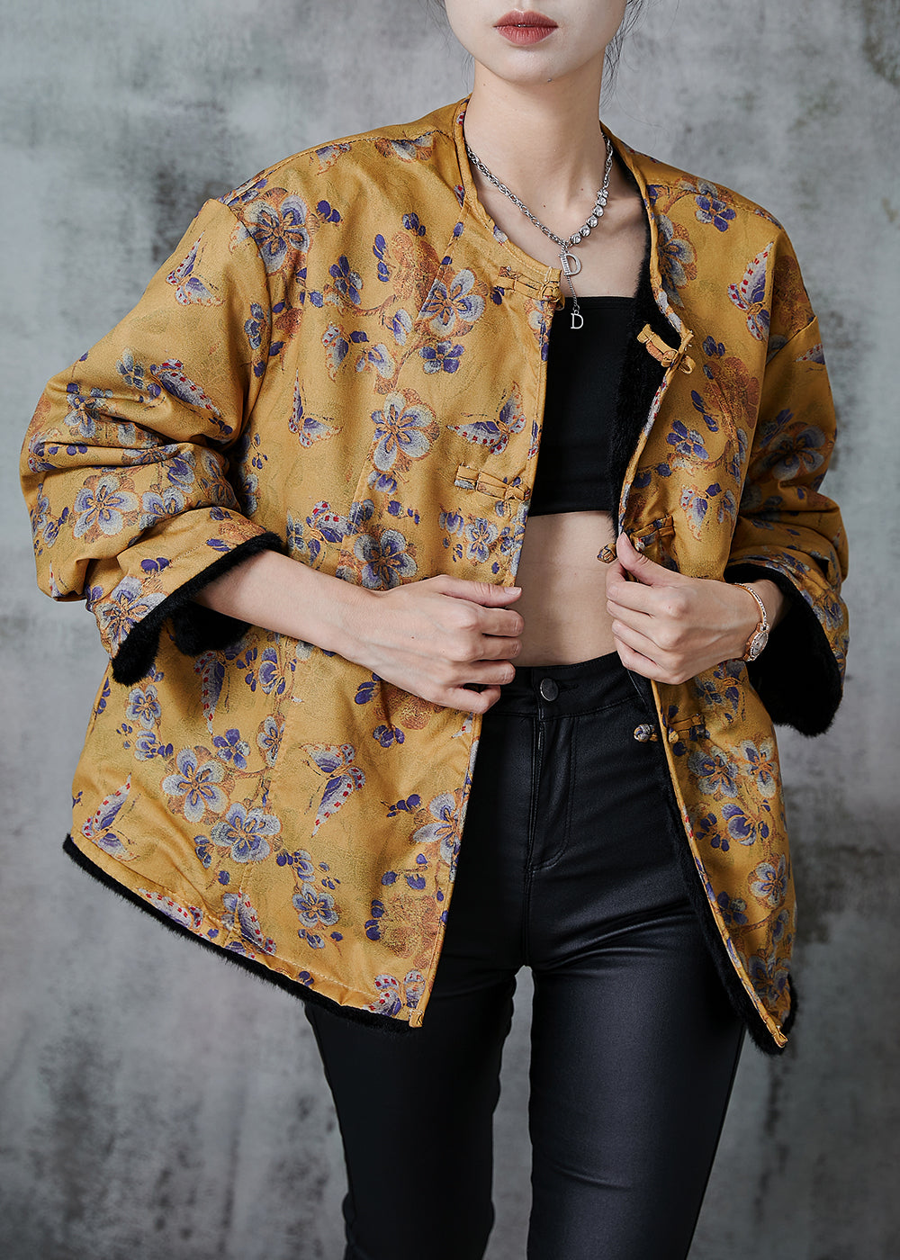 Yellow Print Faux Mink Hair Wear on Both Sides Coats Spring