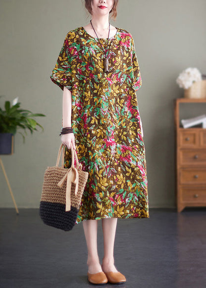 Yellow Print O-neck Cotton Long Dresses Short Sleeve