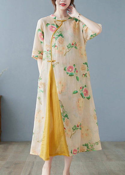 Yellow Print Patchwork Button Linen Long Dress Half Sleeve