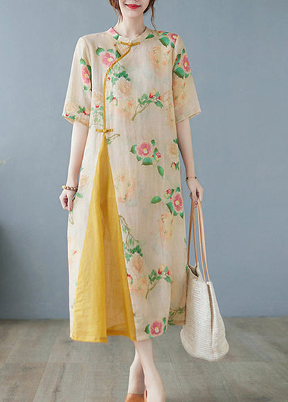 Yellow Print Patchwork Button Linen Long Dress Half Sleeve
