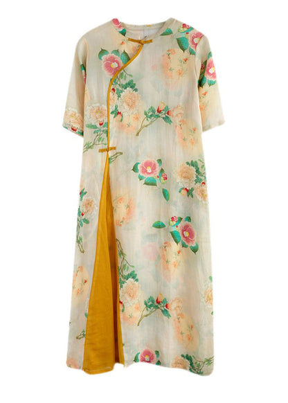 Yellow Print Patchwork Button Linen Long Dress Half Sleeve