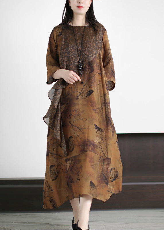 Yellow Print Patchwork Silk Maxi Dresses Spring