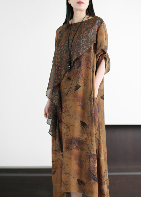 Yellow Print Patchwork Silk Maxi Dresses Spring