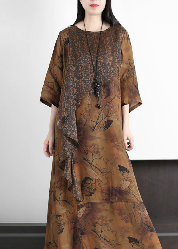 Yellow Print Patchwork Silk Maxi Dresses Spring